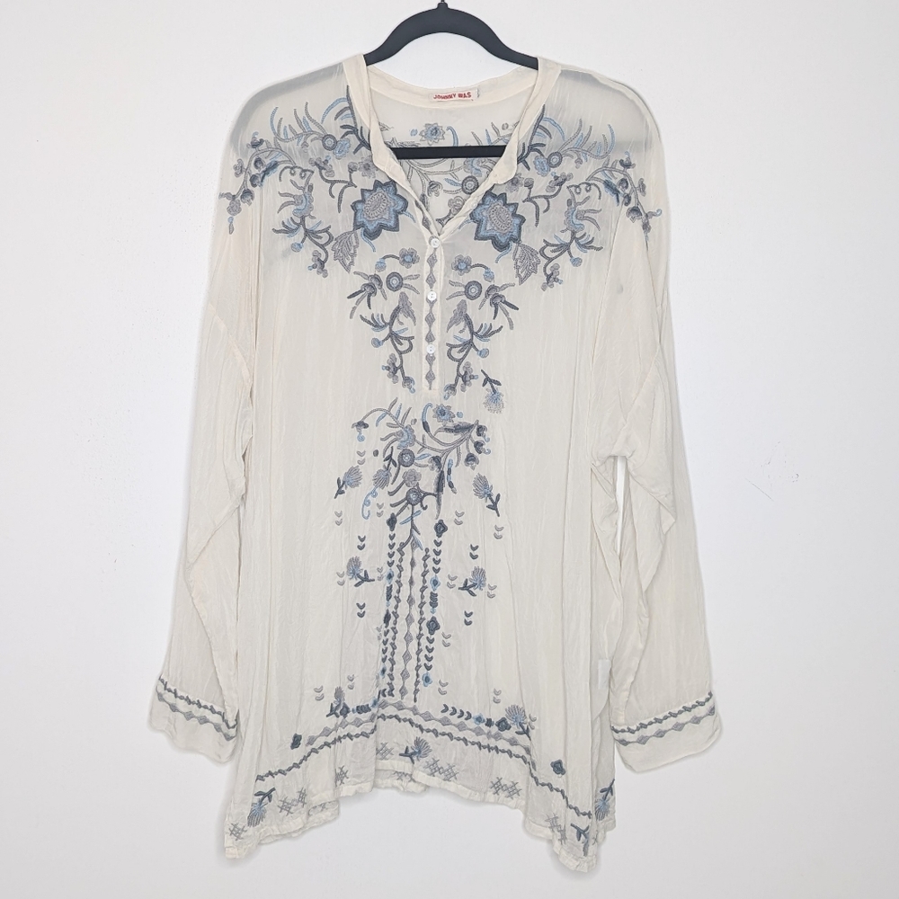 Johnny Was Floral Embroidered Tunic Top Cream Blue Grey Large - Picture 2 of 8